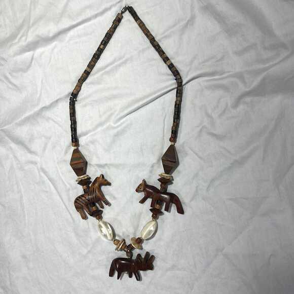 Handmade Wood Animal Necklace: Safari Tribal Boho Statement Jewelry - Picture 1 of 7